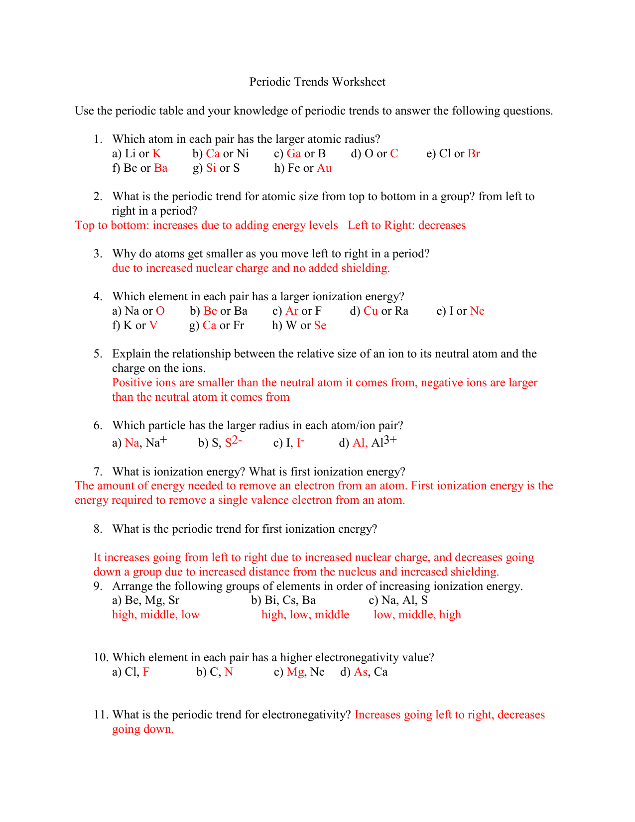 Periodic Trends Worksheet 1 Answers