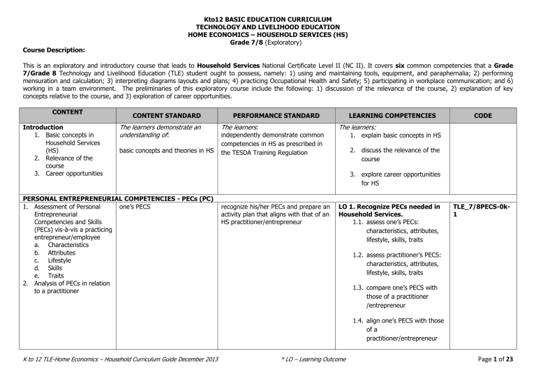 CG household services for grades 7 to 10