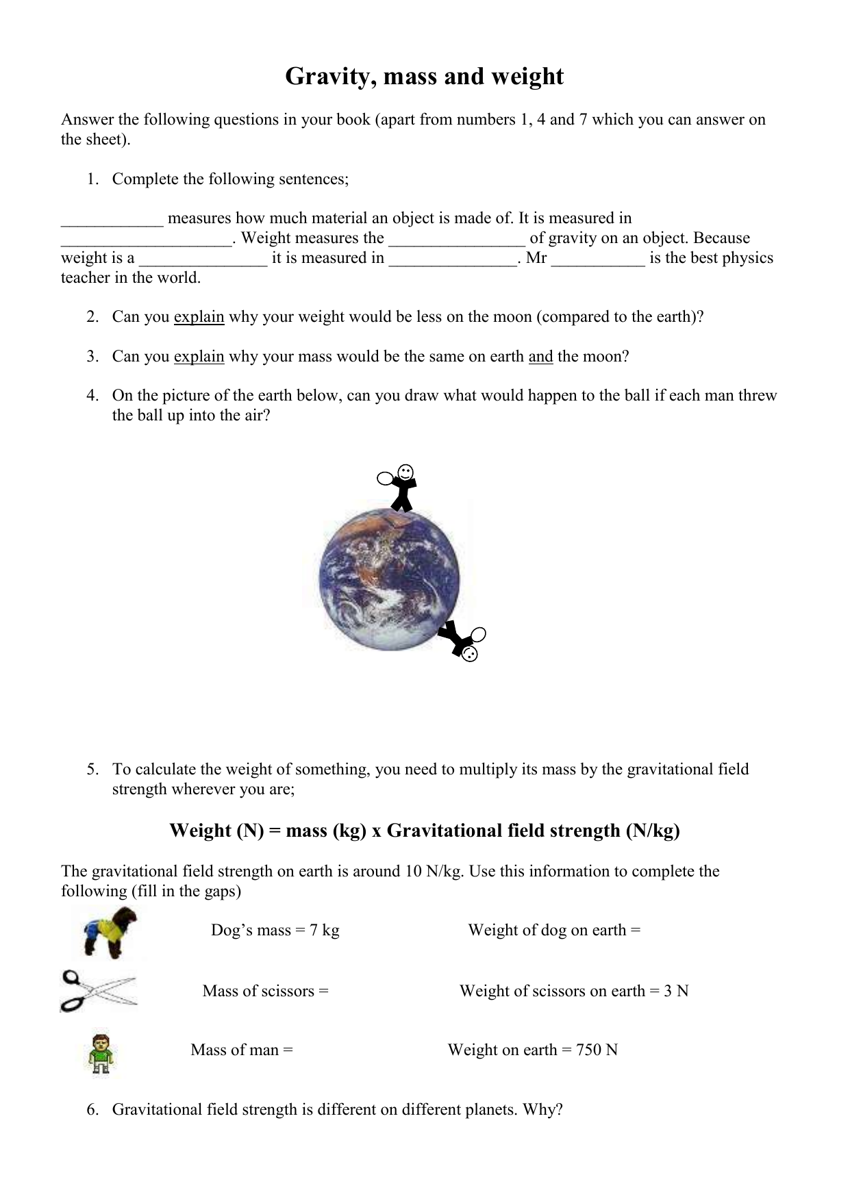 Gravity mass and weight sheet Inside Mass And Weight Worksheet