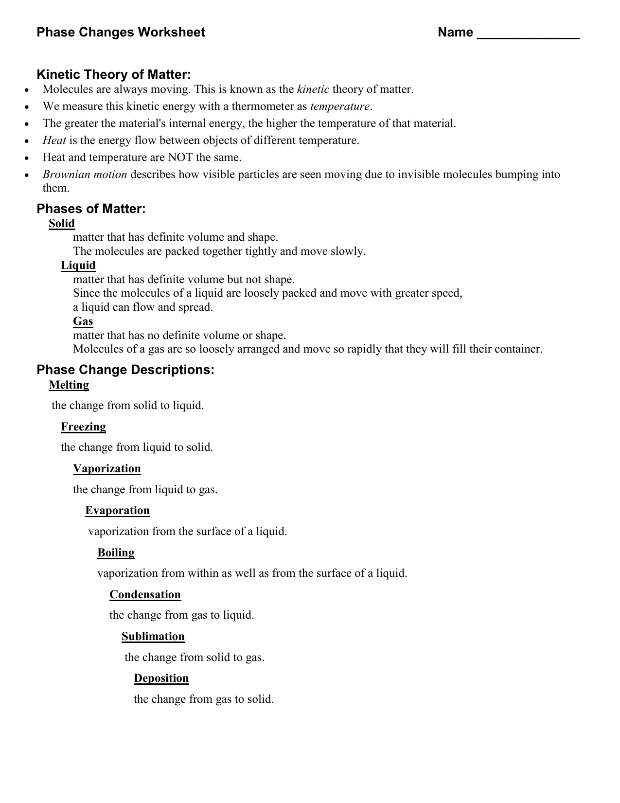 Phase Changes Worksheet With Phase Change Worksheet Answers