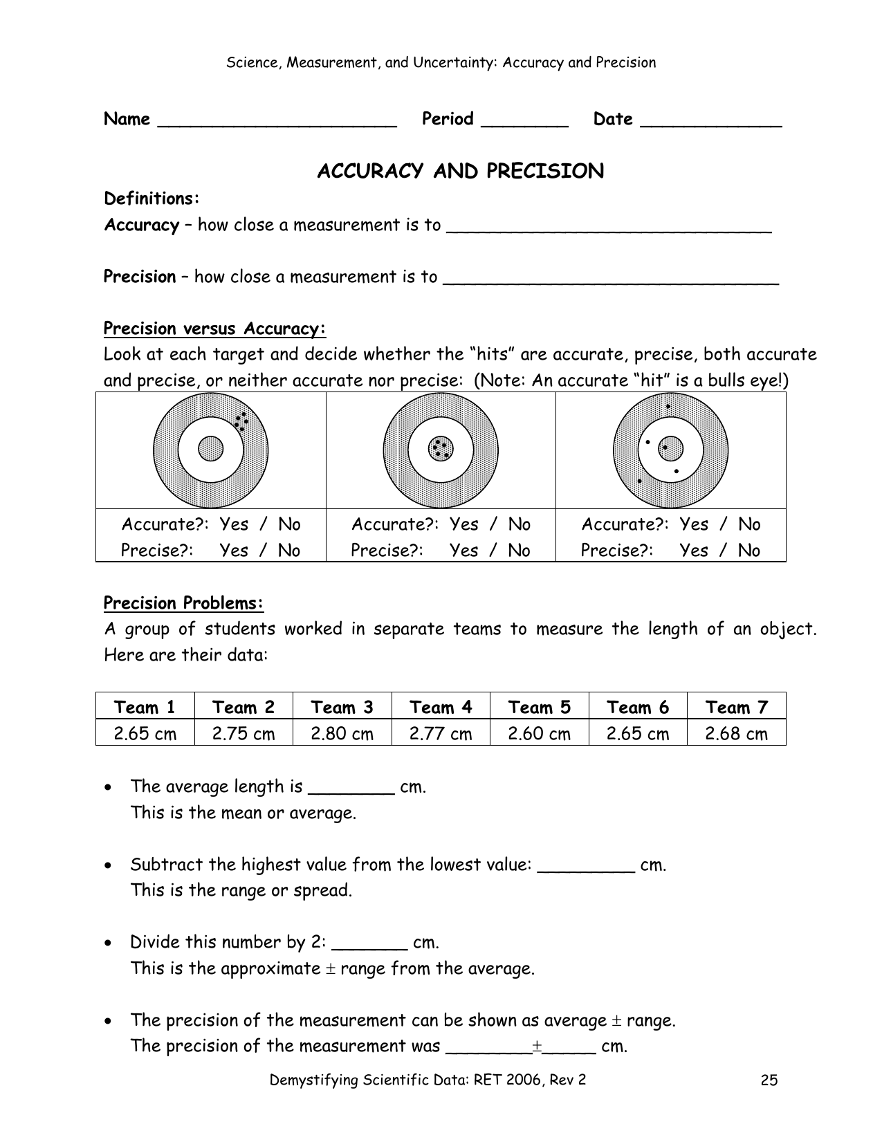 Worksheet-Accuracy and Precision-Final Intended For Accuracy Vs Precision Worksheet