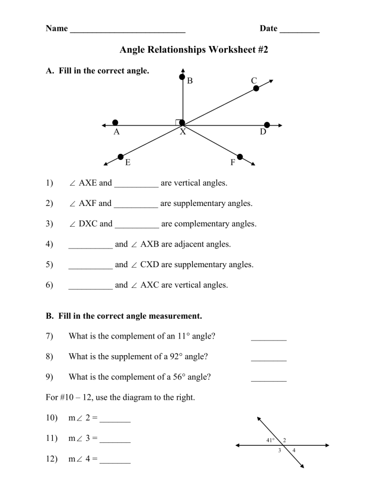Angle Relationships Worksheet 2 Answer Key