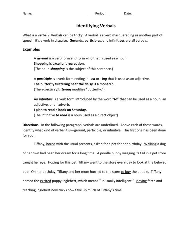 Identifying Verbals Practice Packet