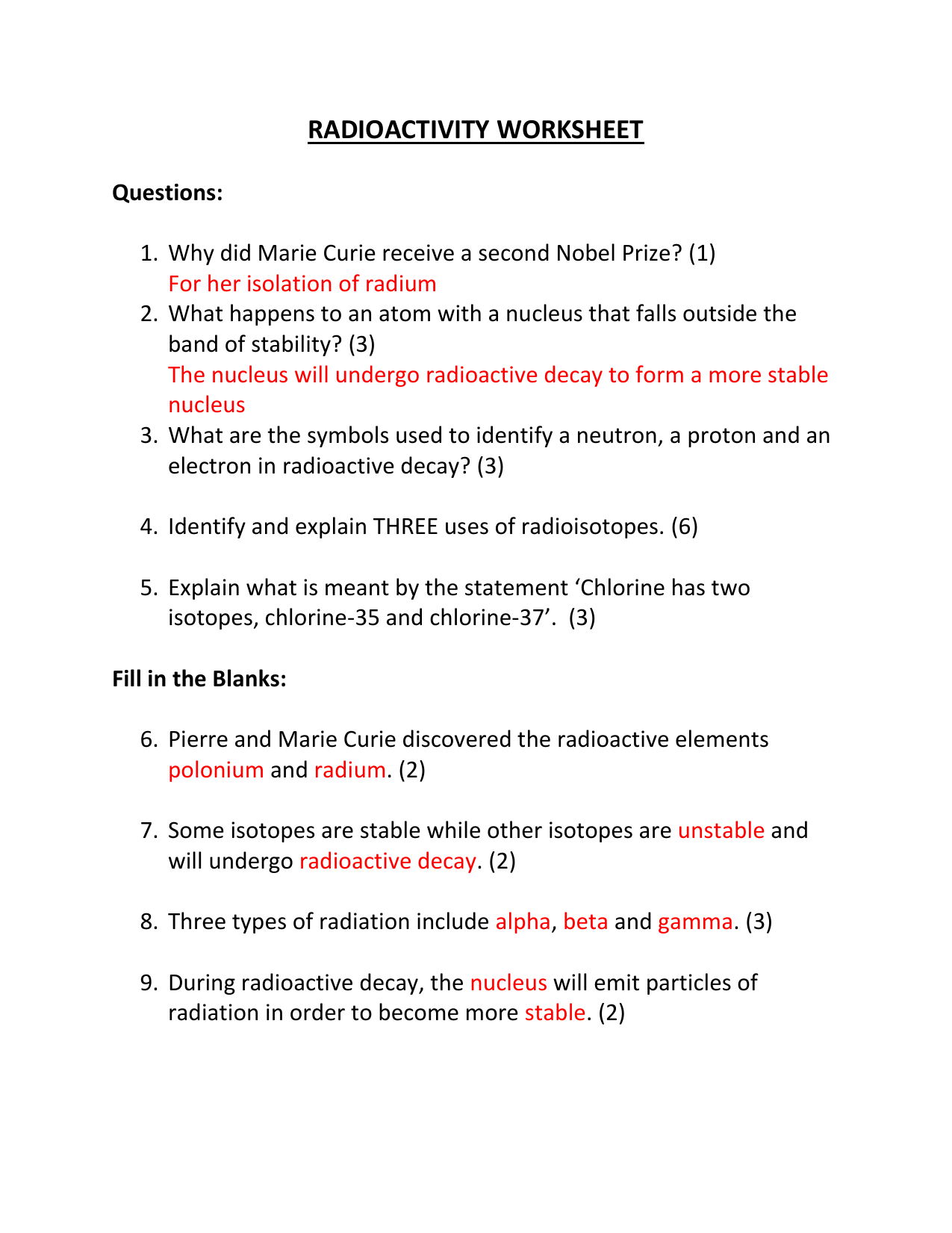 Radioactivity Worksheet Answers Intended For  Radioactive Decay Worksheet Answers