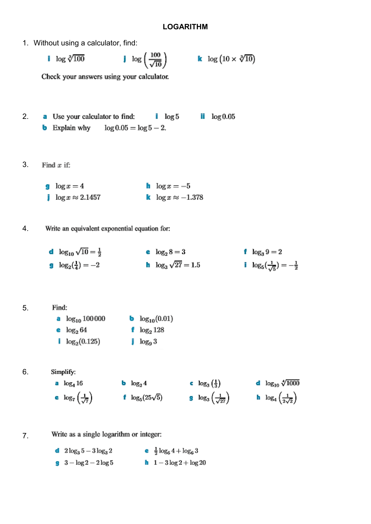 Logarithm worksheet Throughout Logarithm Worksheet With Answers