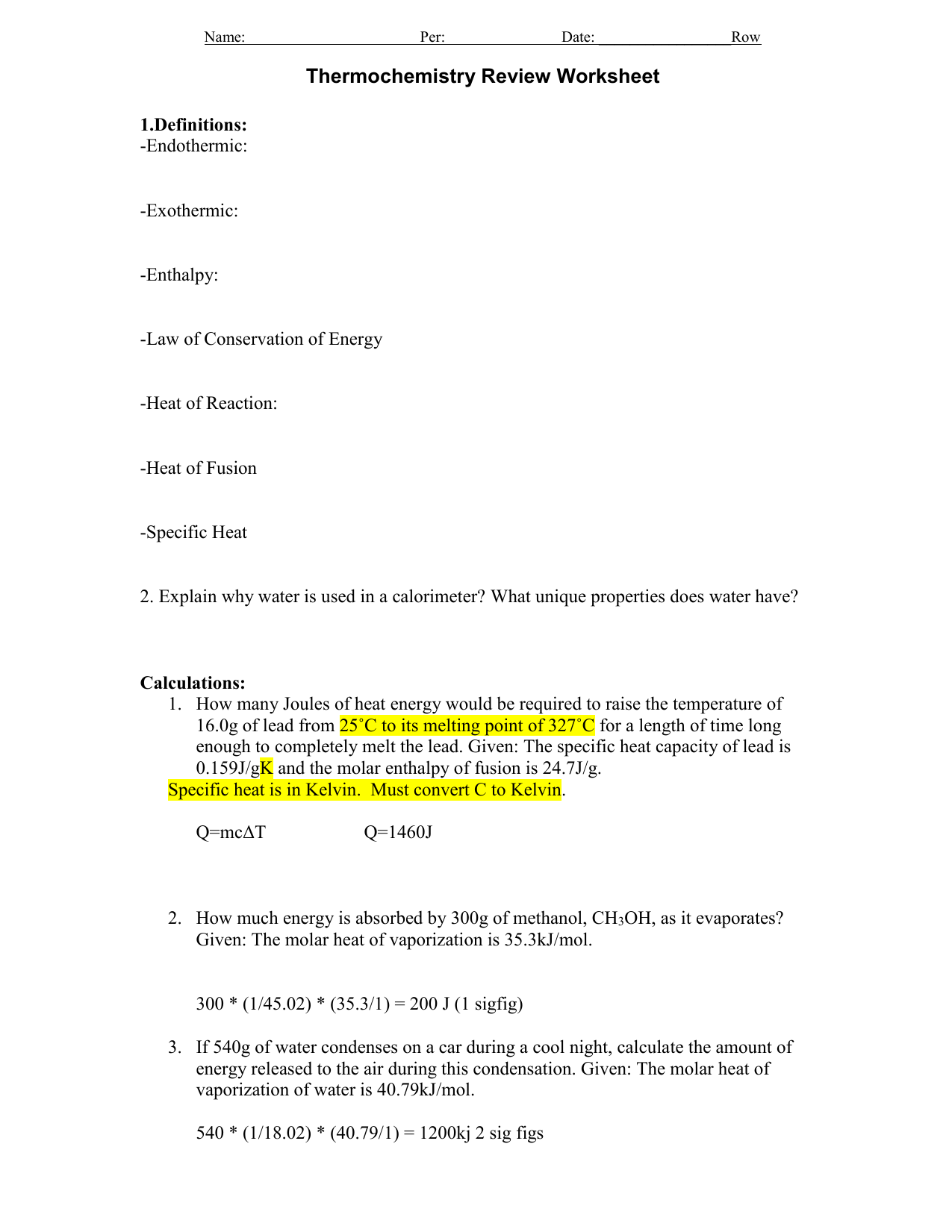 Thermochemistry Review Worksheet Key