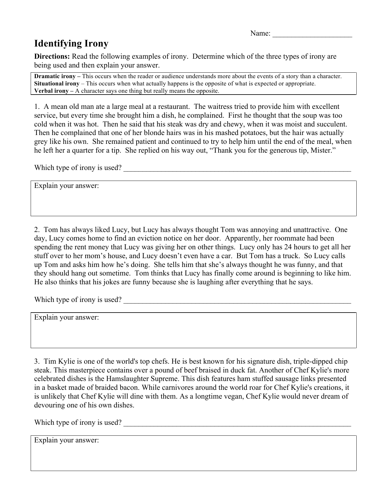 Irony worksheet
