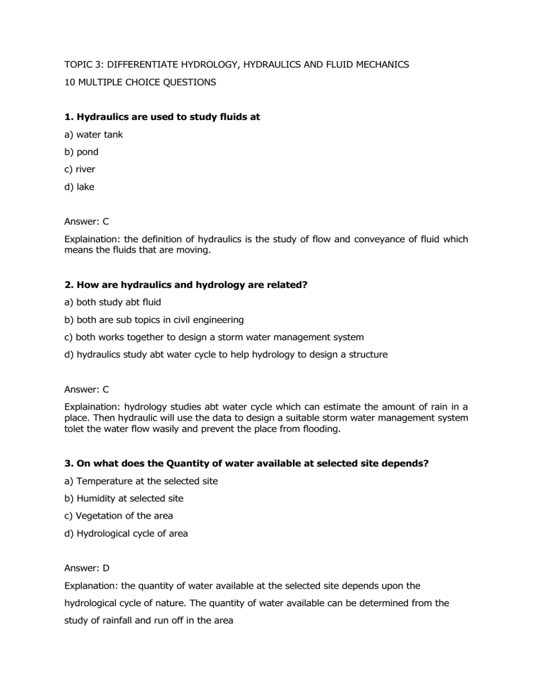 Hydraulic Hydrology And Fluid Mechanics
