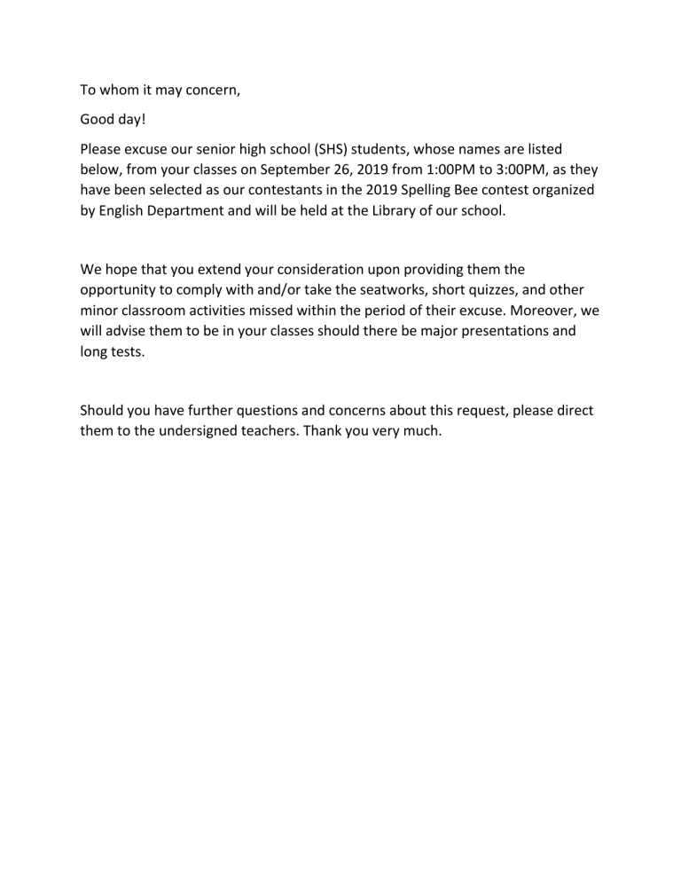 Student Excuse Letter For Spelling Bee Contest