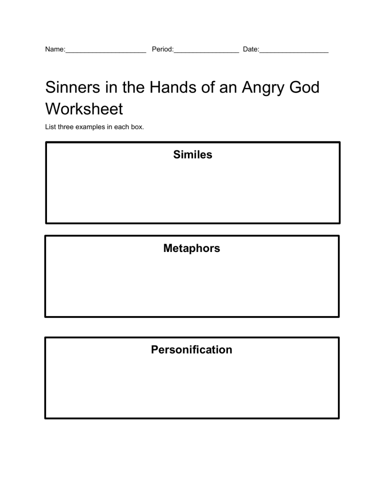 Sinners in the Hands of an Angry Gody Worksheet