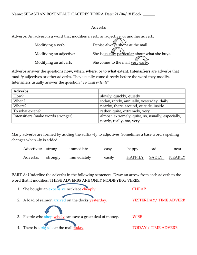 Adverbs Worksheet SRCT