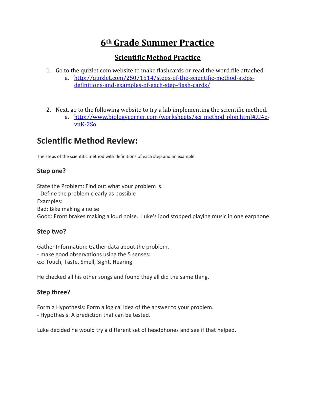 11th Science Summer Work Pertaining To Scientific Method Examples Worksheet