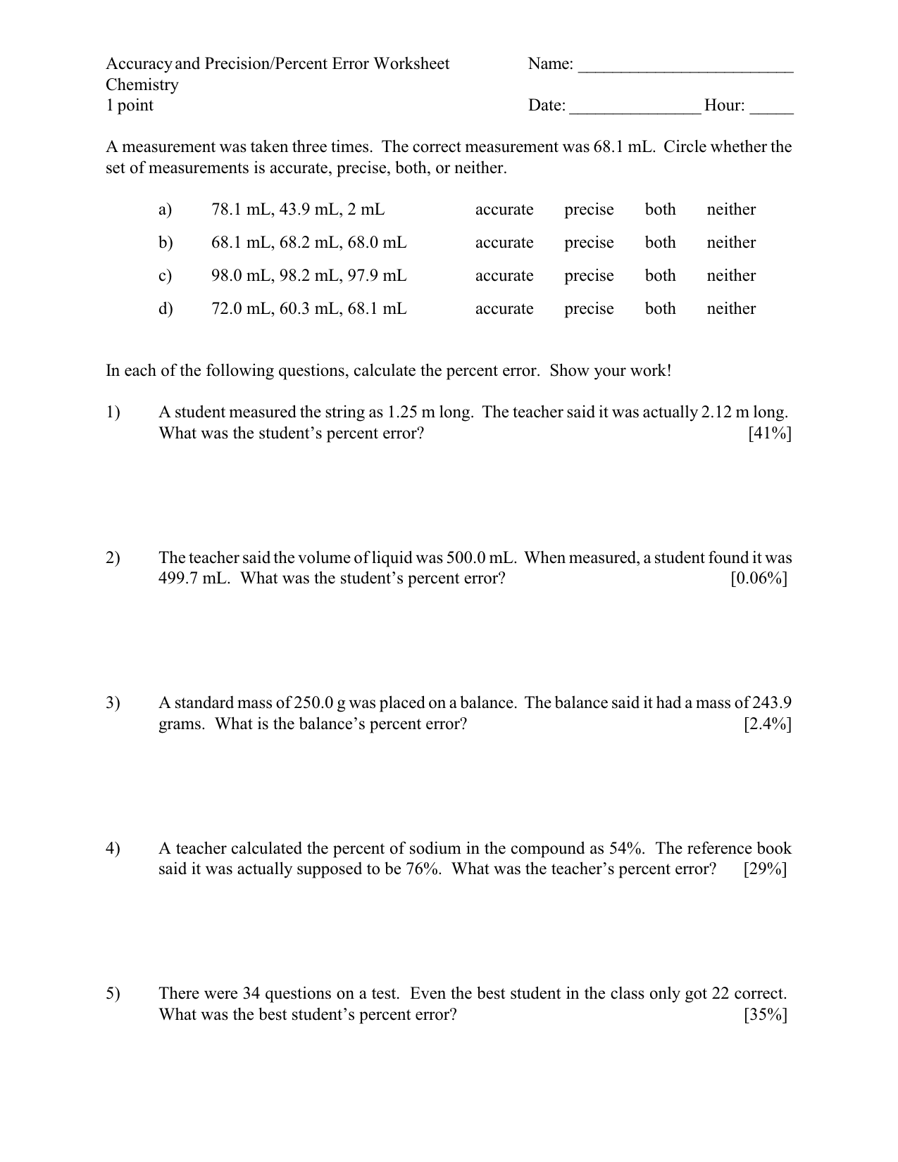 acc pres percent error half-sheet Regarding Accuracy And Precision Worksheet Answers