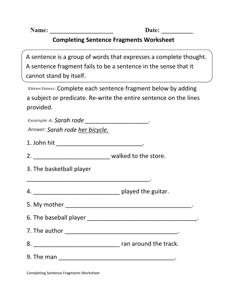 Sentence Fragments Worksheet With Answers Pdf Grade 5