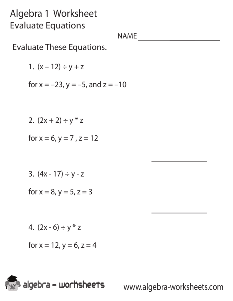 Algebra 1 worksheet evaluate equations
