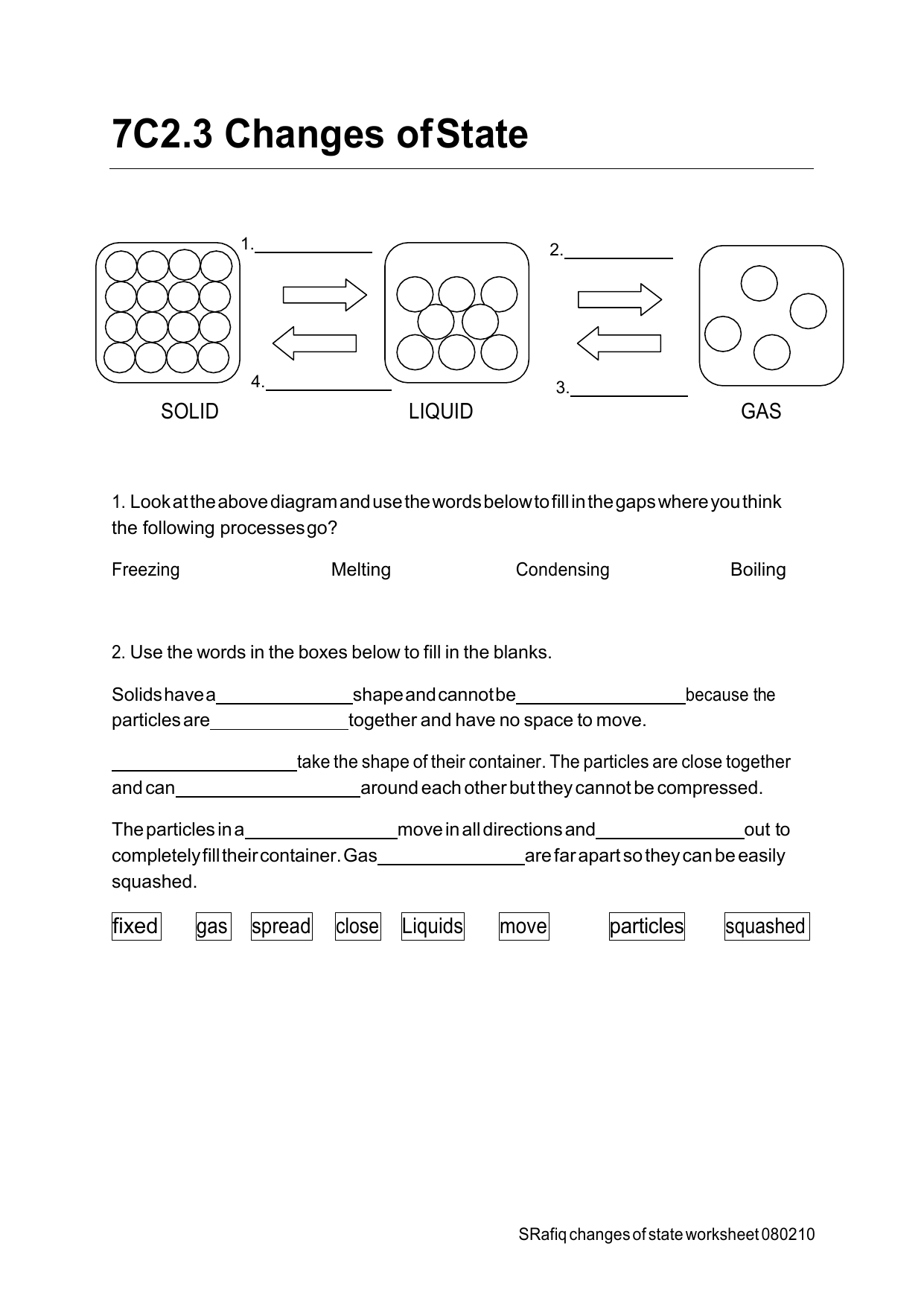 Changes of state worksheet Regarding States Of Matter Worksheet Answers