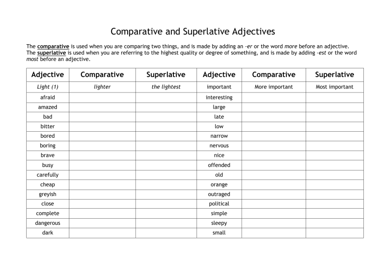 Positive Comparative Superlative Worksheets With Answers
