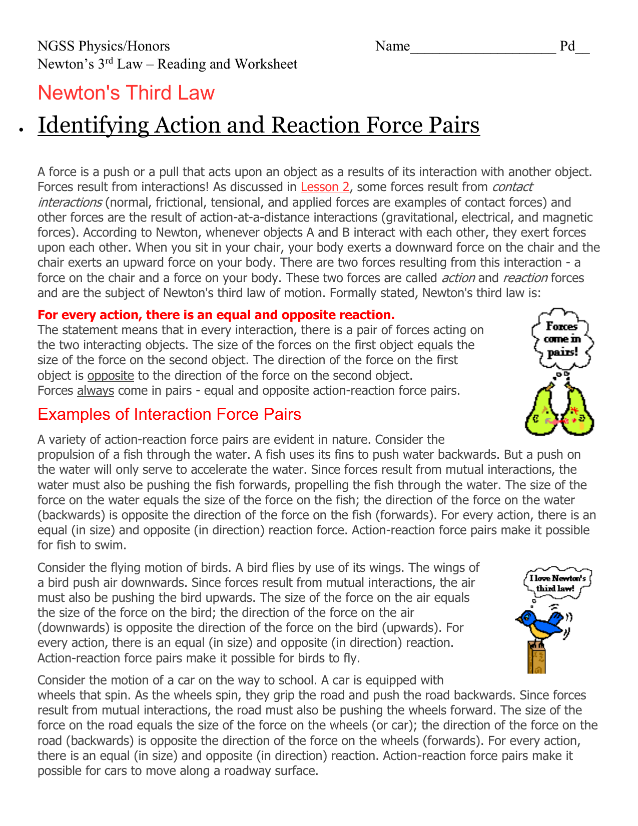 Newton039s 3rd Law Worksheet