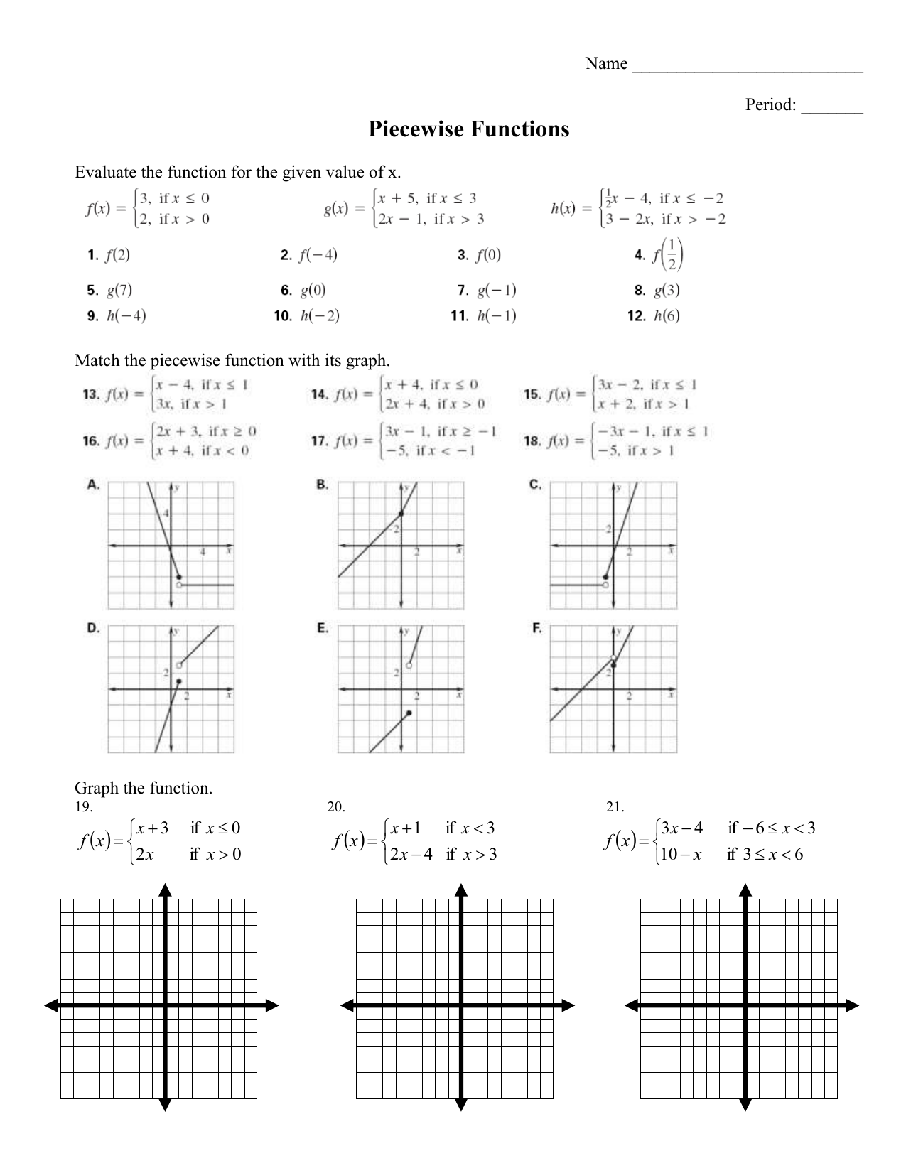 Graph Functions Worksheet Within Worksheet Piecewise Functions Answer Key