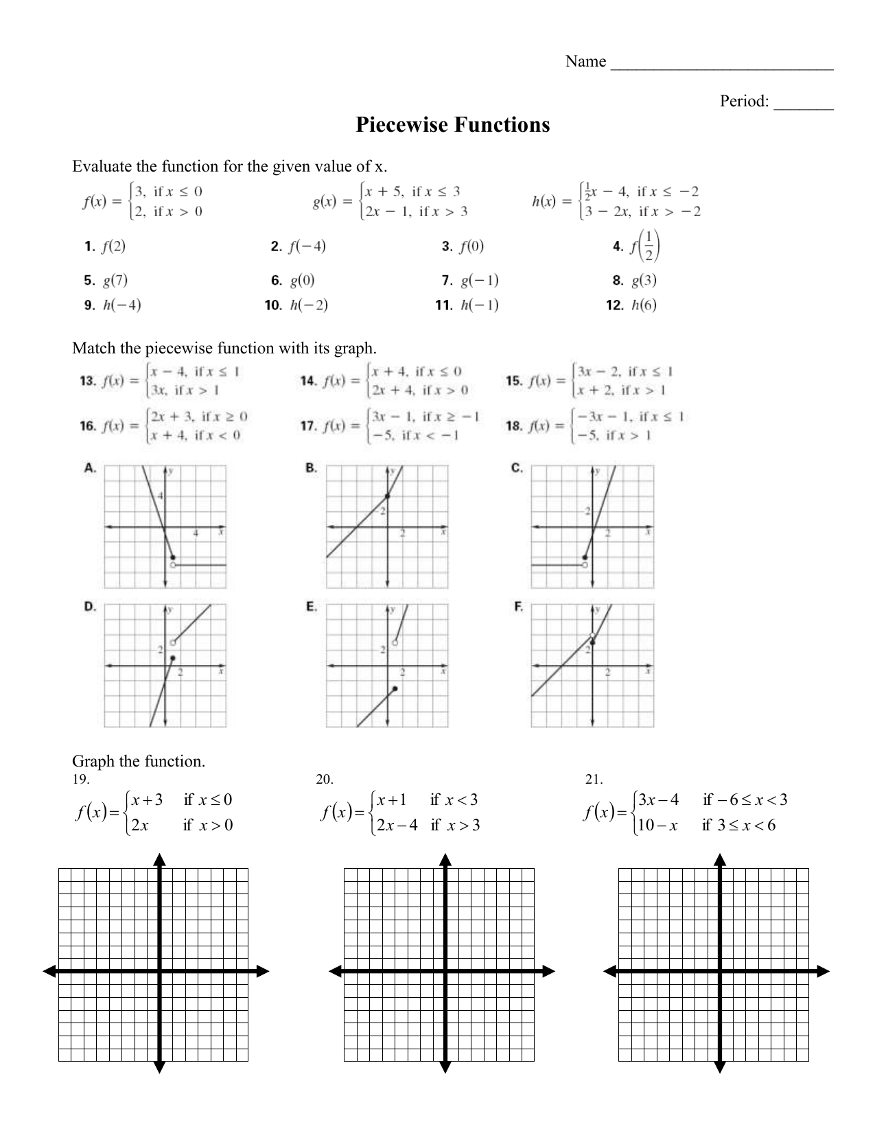 Graphing Piecewise Functions Worksheet