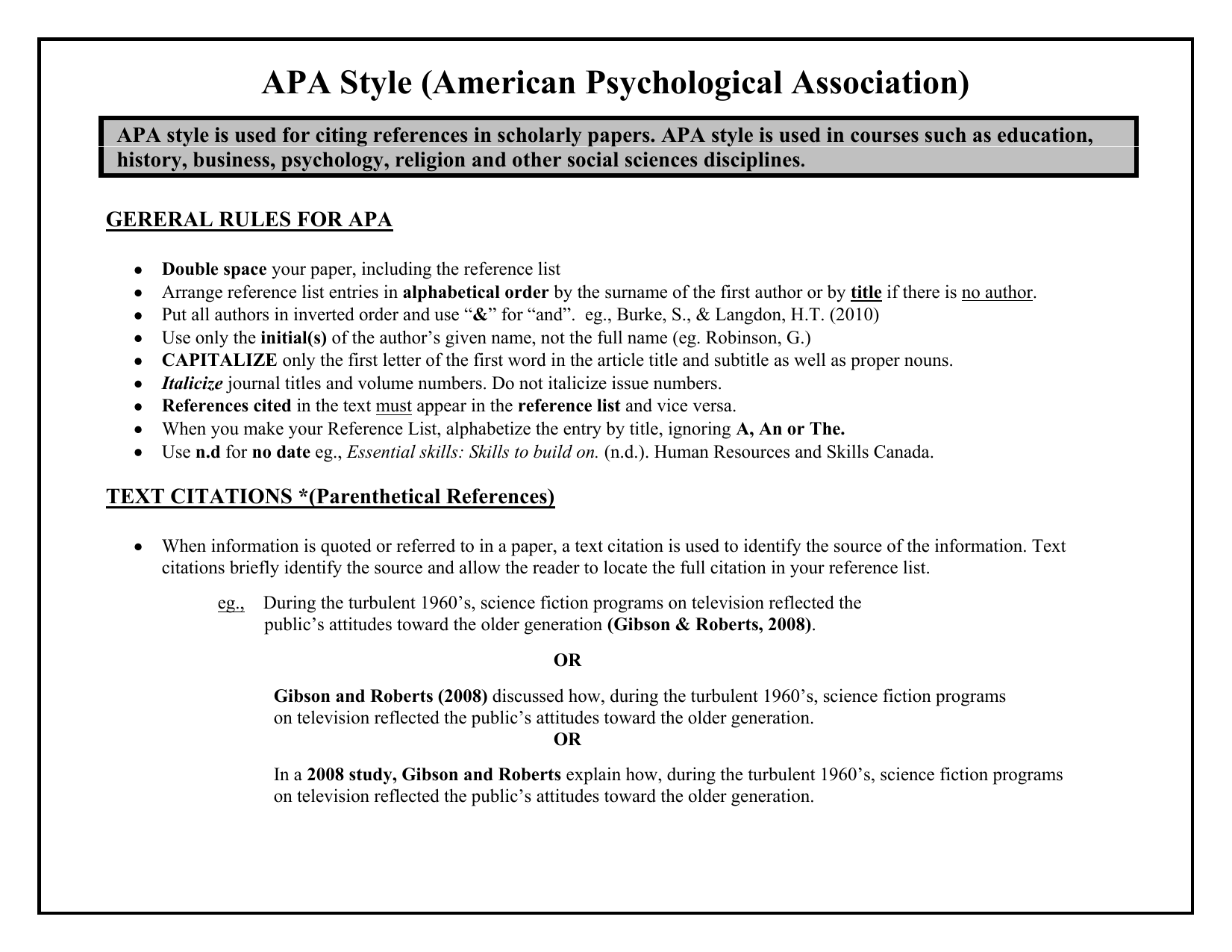 Apa Style Handout