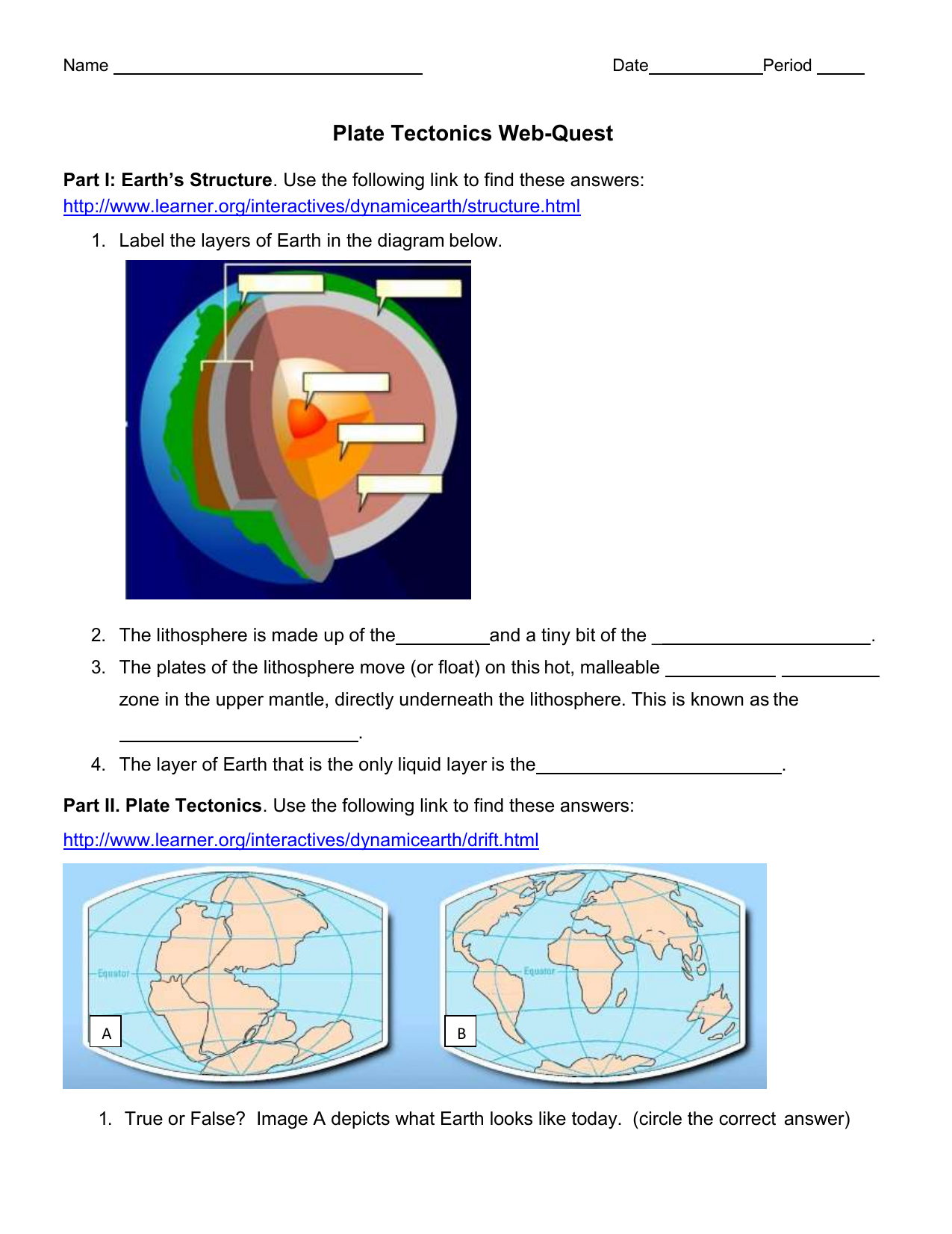 plate tectonics webquest Inside Plate Tectonics Worksheet  Answers