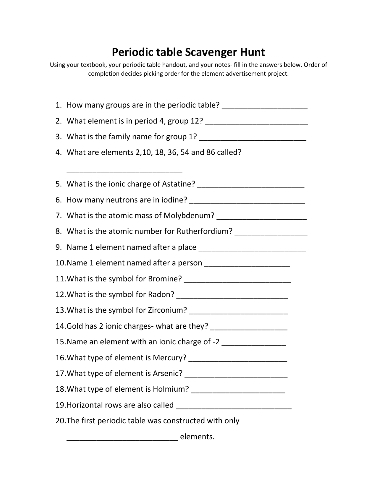 Periodic table Scavenger Hunt With Periodic Table Scavenger Hunt Worksheet