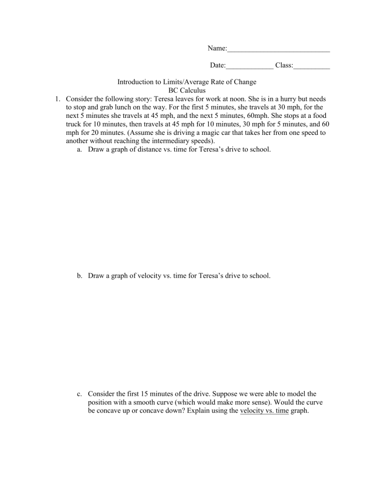 Day 1 Activity AP Calculus Average Rate Of Change