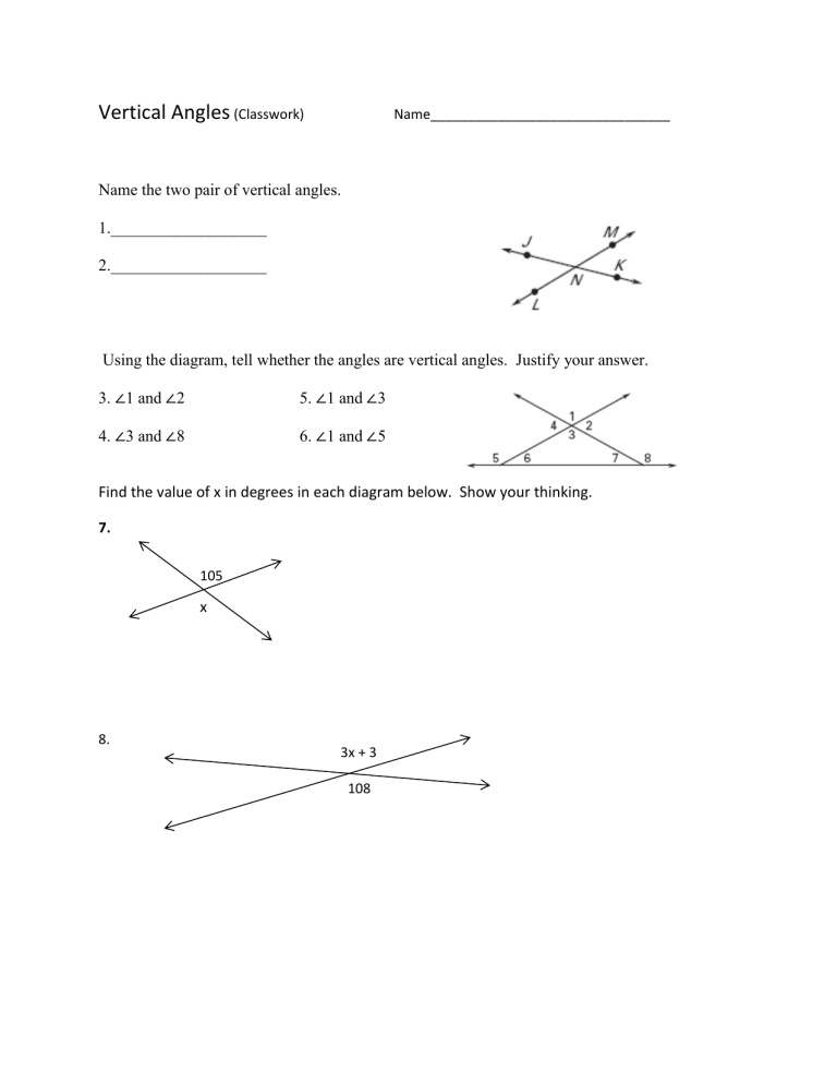 Vertical Angles Worksheet Classwork