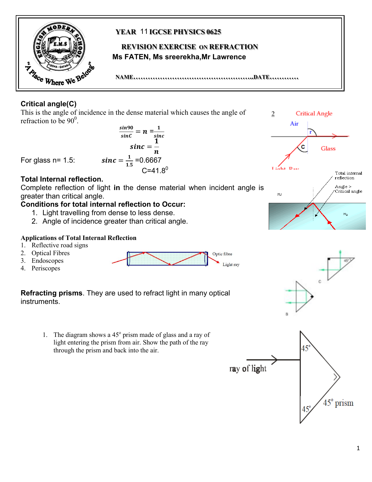 YEAR 11 REFRACTION WORKSHEET 1
