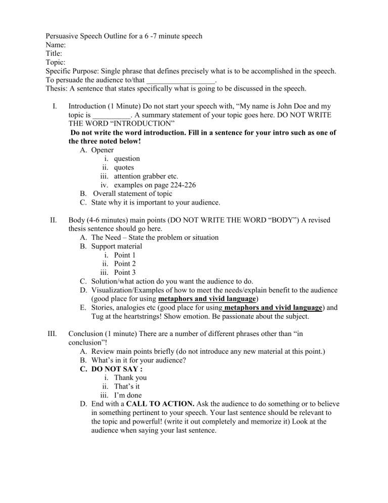 Persuasive Speech Outline Guide To Effective Speaking