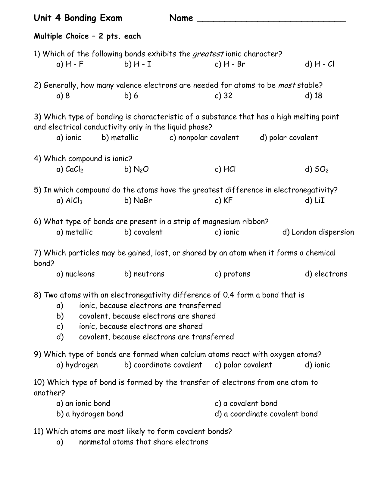 Bonding Practice Test