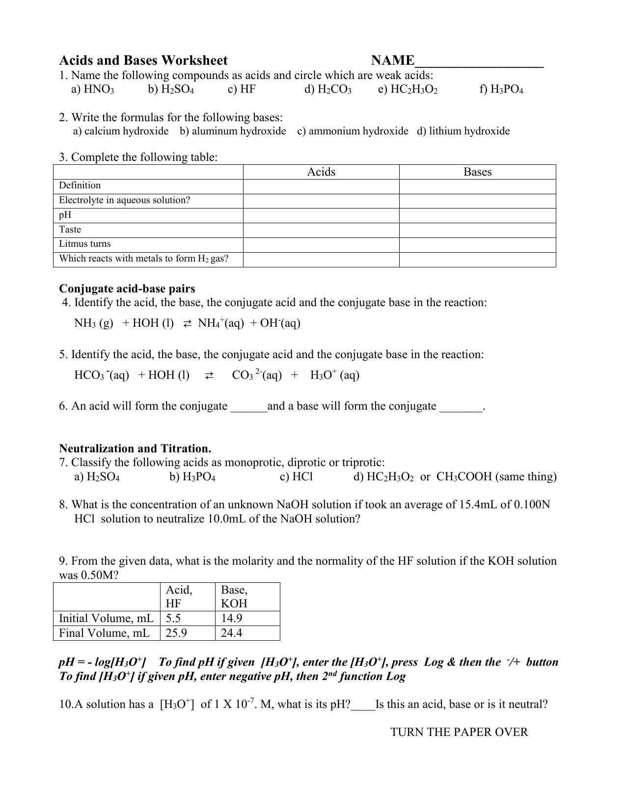 Acids and Bases Worksheet Throughout Acid Base Reactions Worksheet