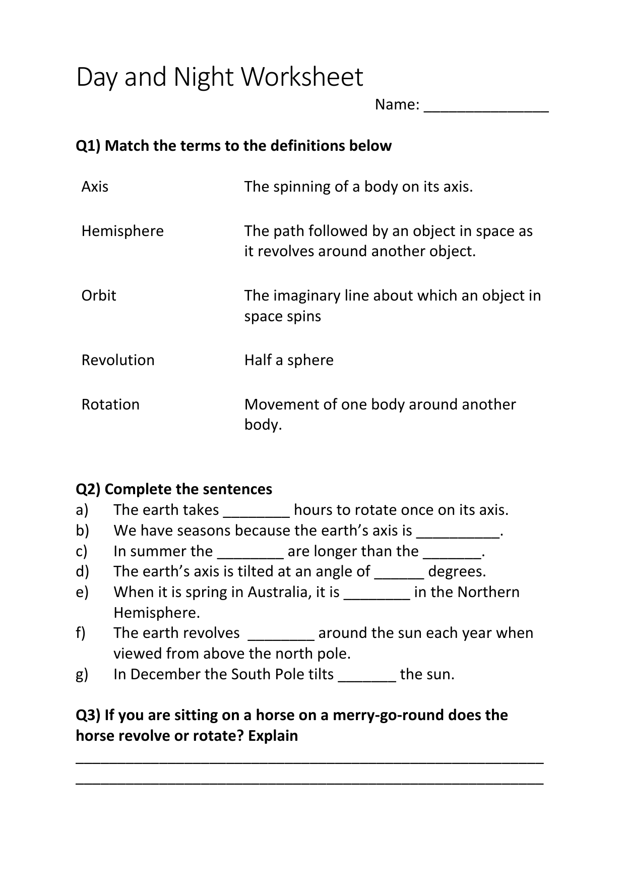 Day And Night Worksheet