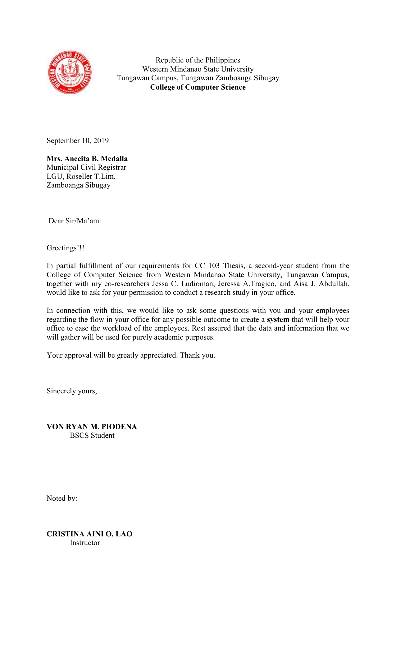 letter of request for permission to conduct research