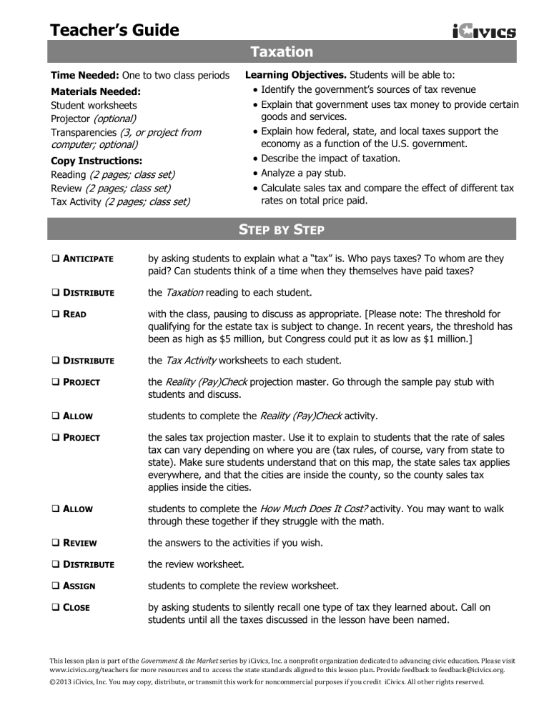 Taxation Icivics Worksheet Answer Key