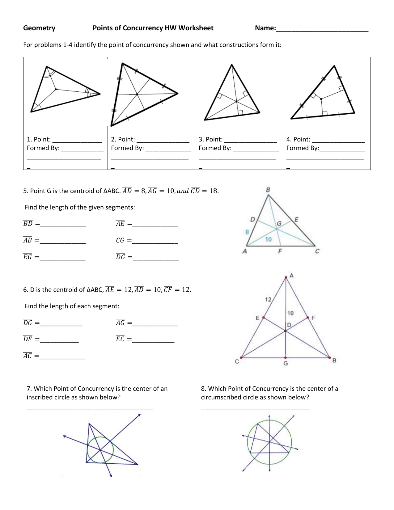 Geometry WS Points of concurrency For Geometry Points Of Concurrency Worksheet