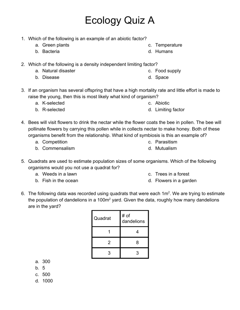 Quiz 1 Principles Of Ecology