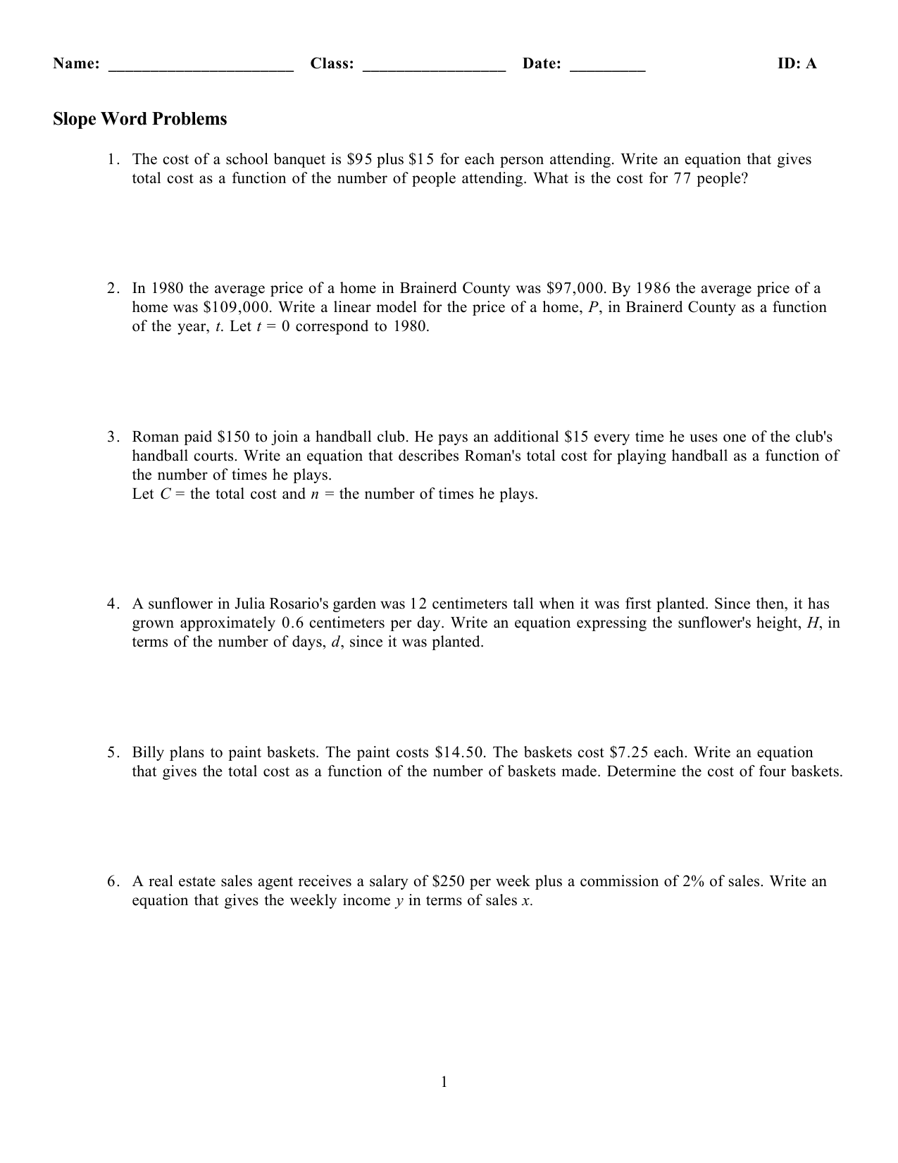 Slope word problems - Equations For Linear Equation Word Problems Worksheet