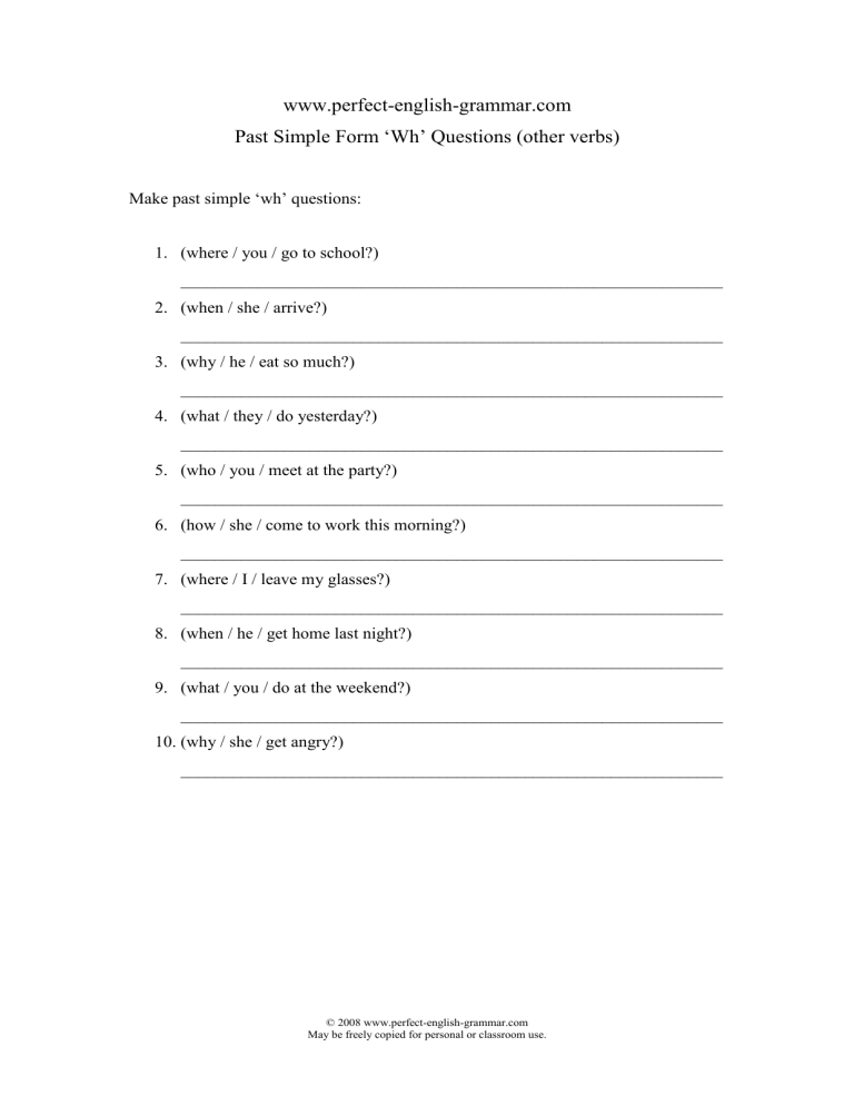 Past Simple With Other Verbs Wh Questions