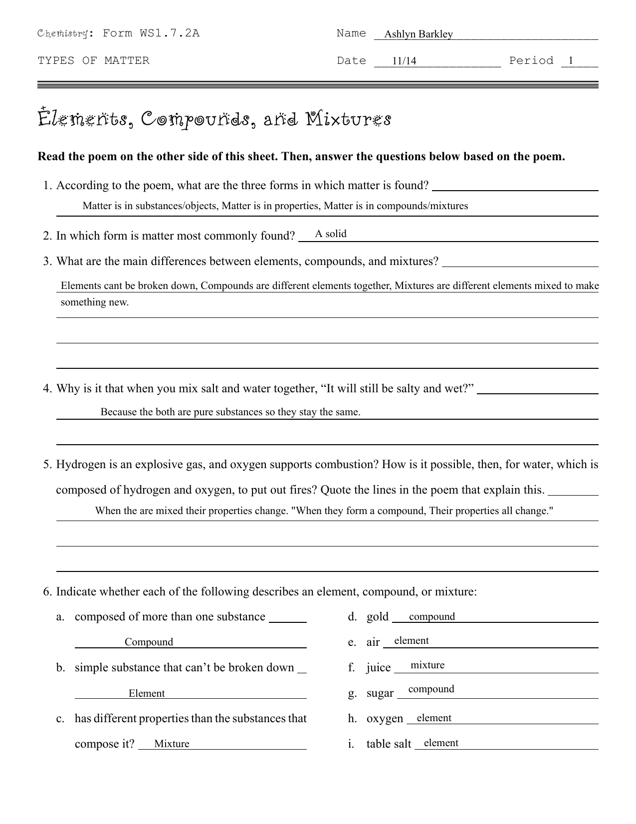 Ashlyn Barkley - elements compounds mixtures poem (20) With Element Compound Mixture Worksheet