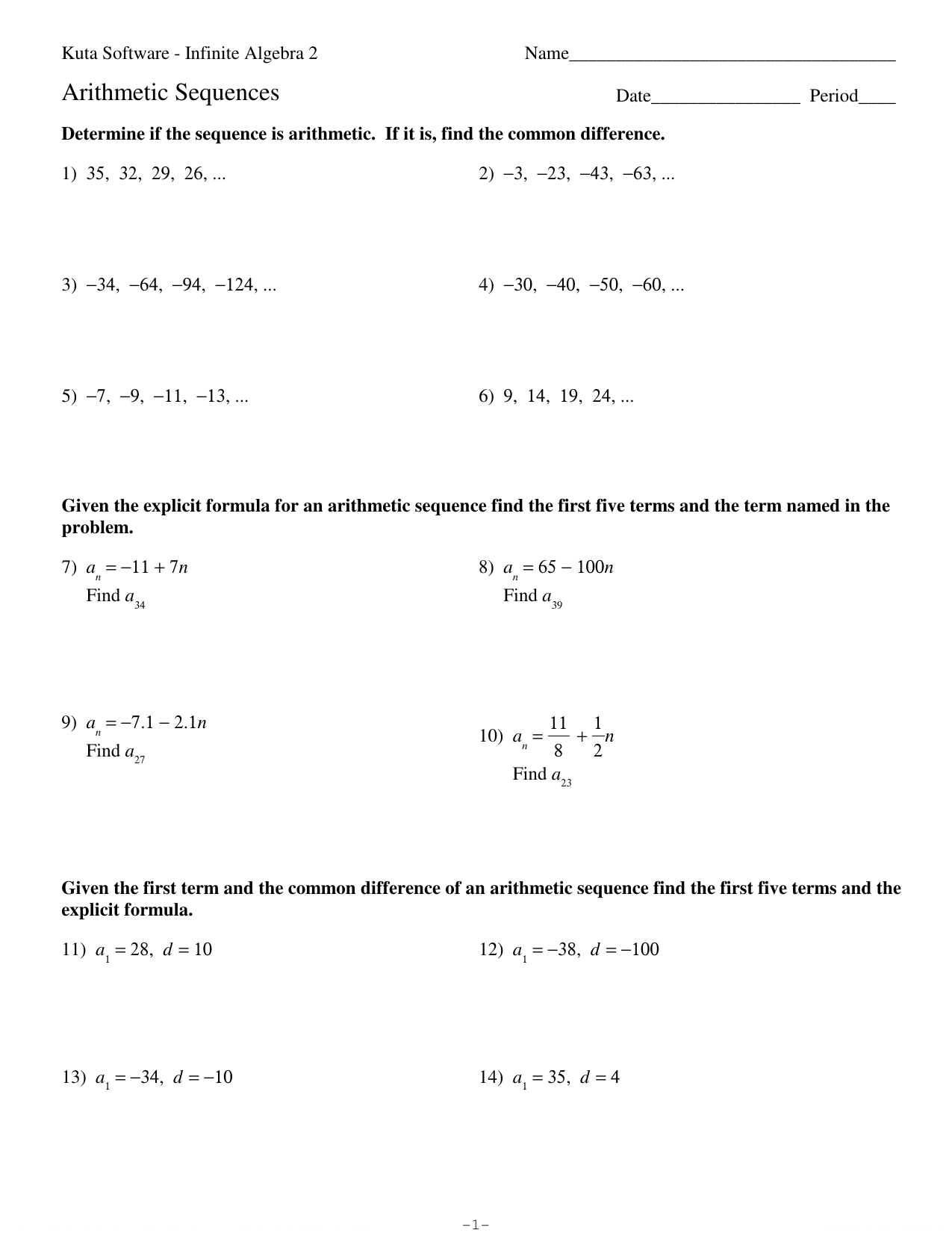 Arithmetic Sequences (11) Pertaining To Arithmetic Sequence Worksheet Algebra 1