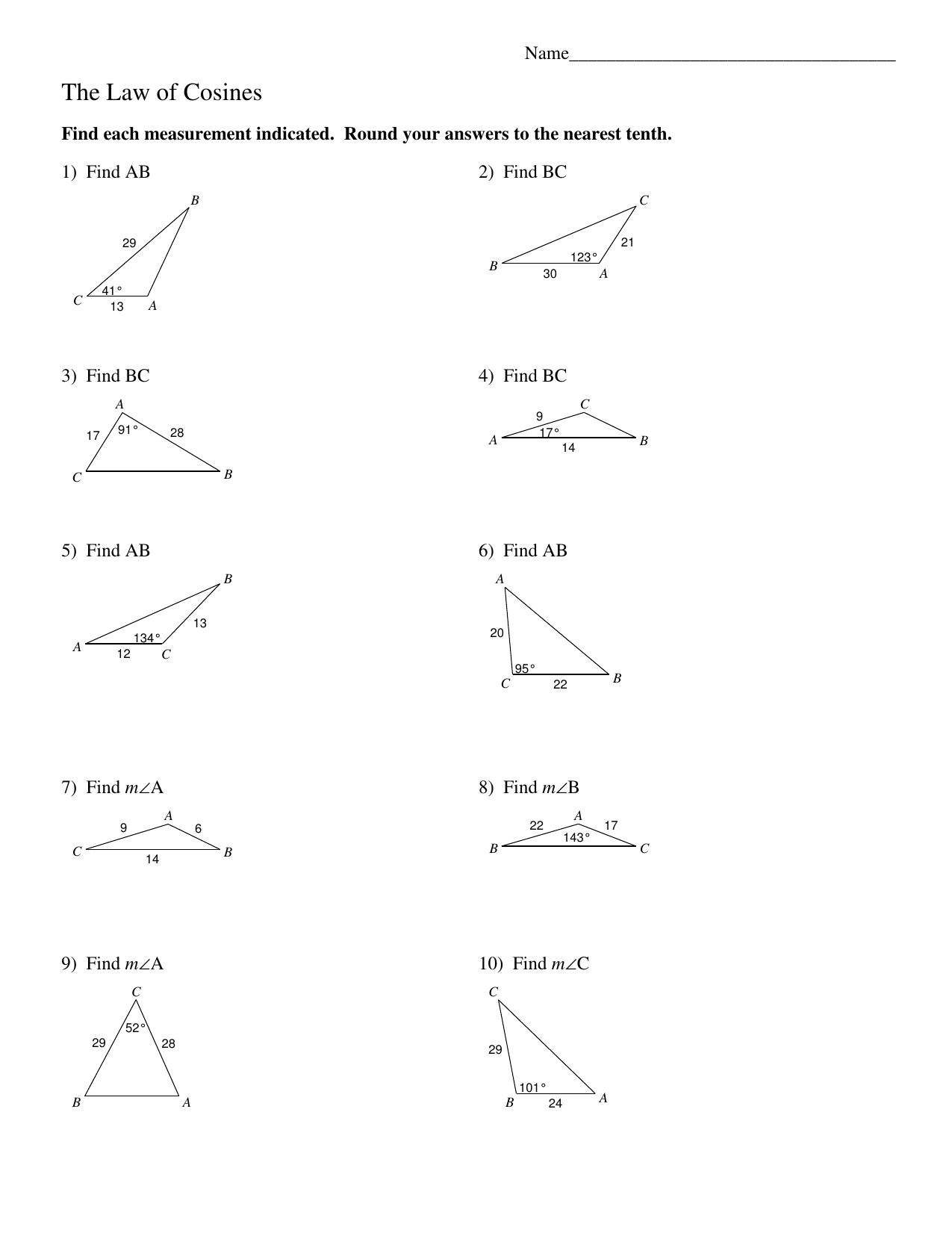 WORKSHEET 24 - Law of Cosines (24) With Law Of Cosines Worksheet