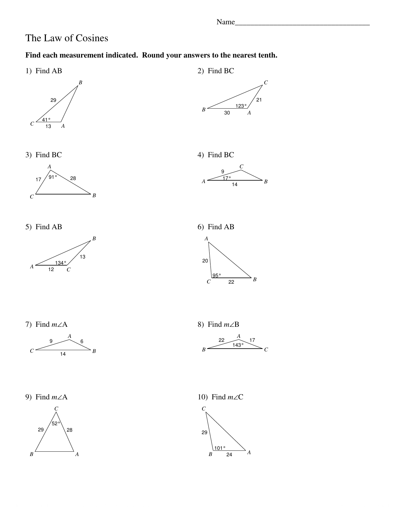 Law Of Cosines Worksheet Pdf With Answers