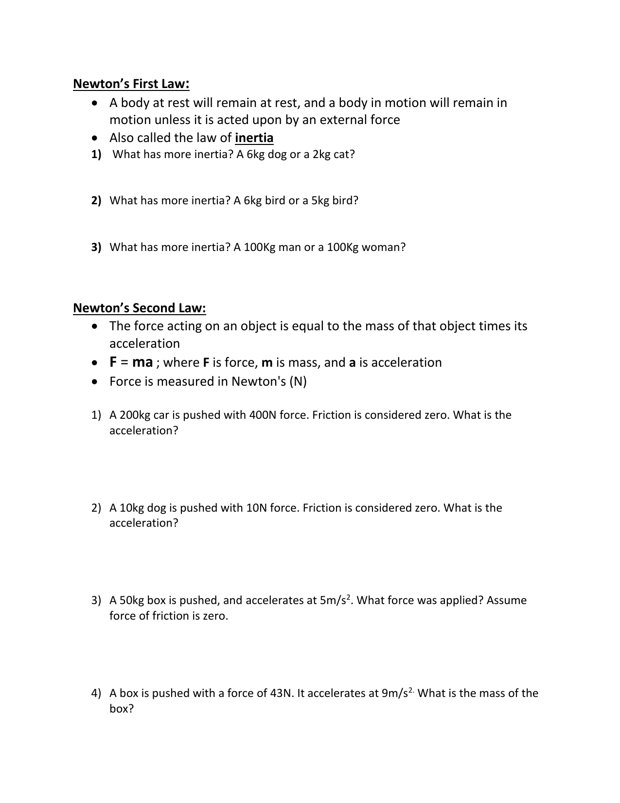 Newtons laws worksheet Throughout Newton Laws Worksheet Answers