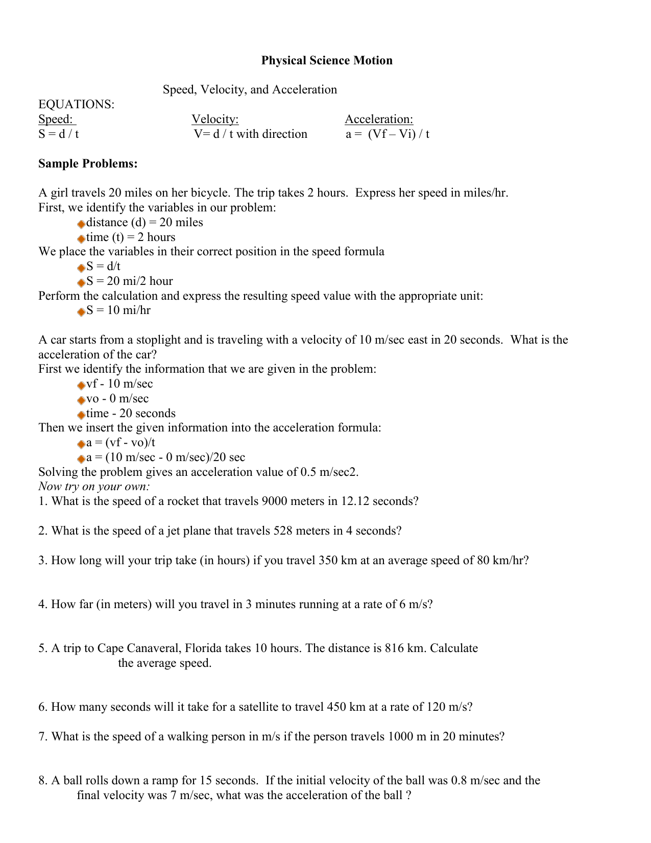 speed velocity acceleration test practice For Velocity And Acceleration Calculation Worksheet
