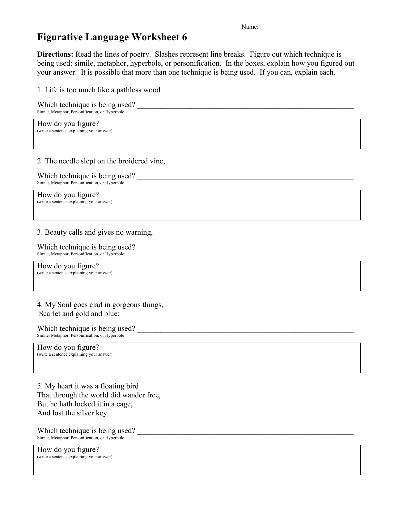 Figurative Language Worksheet 23 Answers