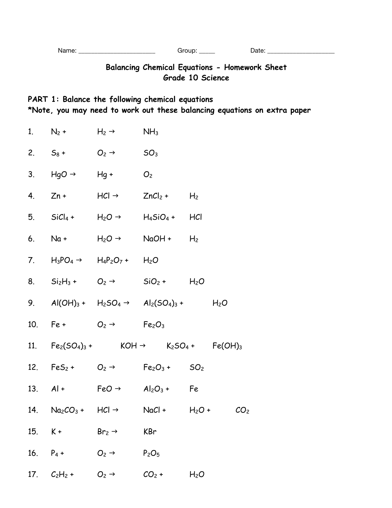 24balancing chemical equations worksheet est Regarding Balancing Chemical Equation Worksheet