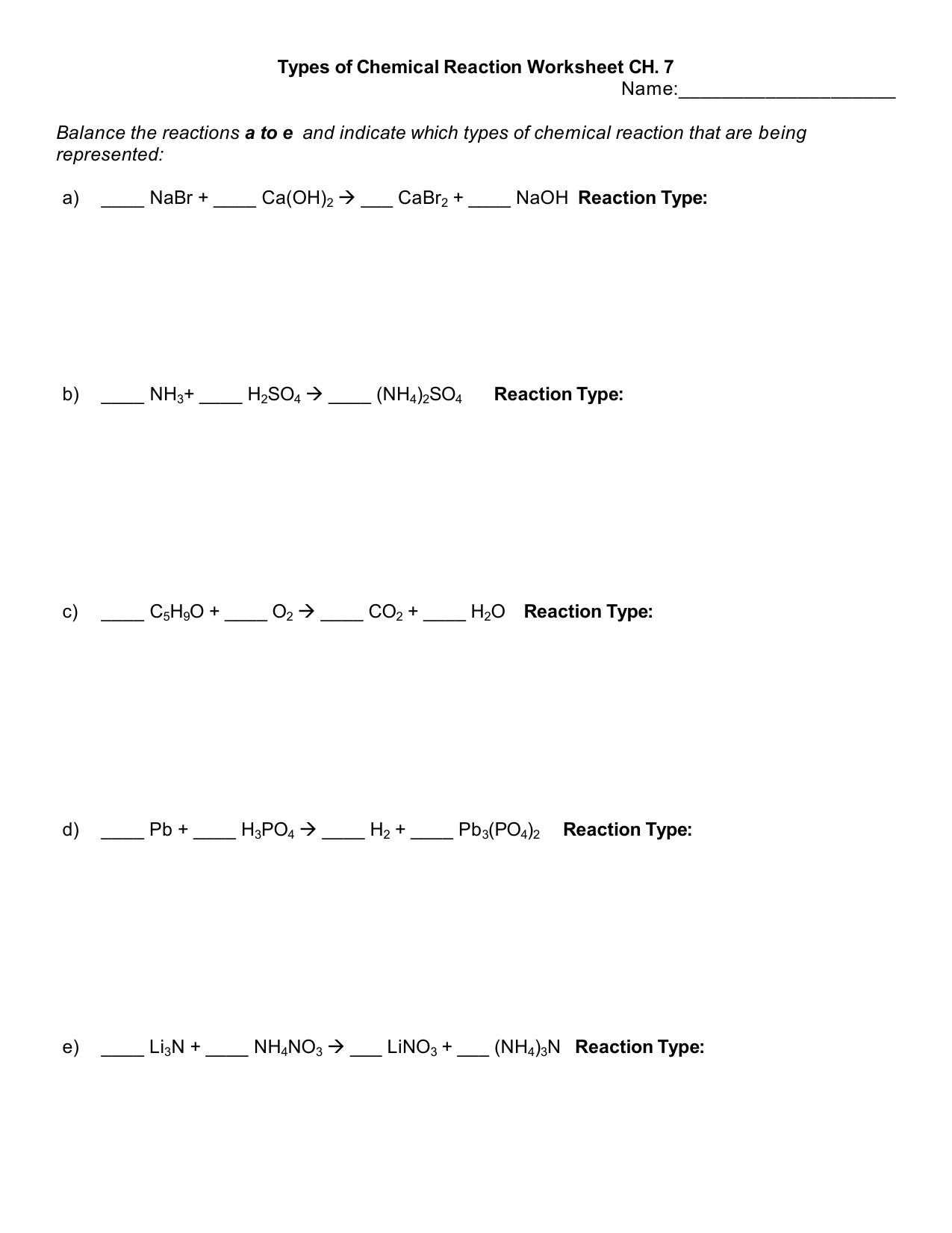 types of chem rxns Pertaining To Types Of Chemical Reactions Worksheet