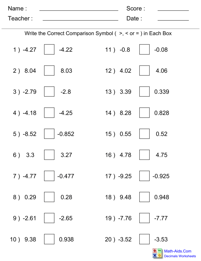 Comparing Decimal Numbers Worksheet 5th Grade